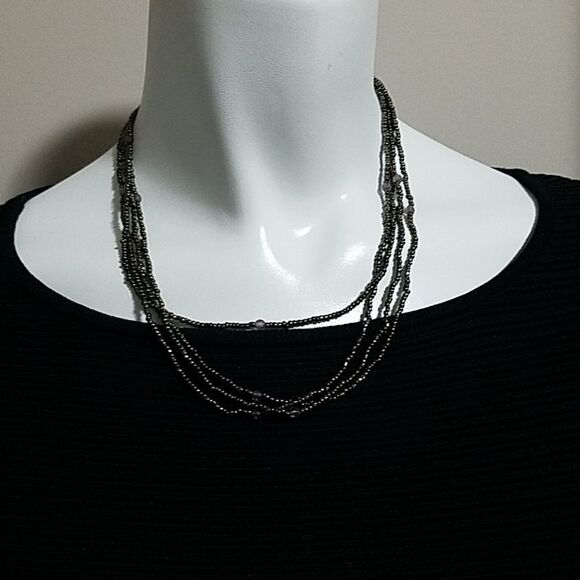 Gray Seed Beaded Multi-Strand Necklace - Picture 1 of 3